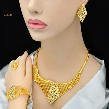 24K Gold Plated Alloy Bride Wedding Jewelry Sets for Dubai Women Jewelry Flower Necklace Earrings Ring Bracelet 4-piece Set