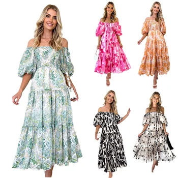 Summer 2024 new product popular resort style puff sleeve printed French cake dress ladies
