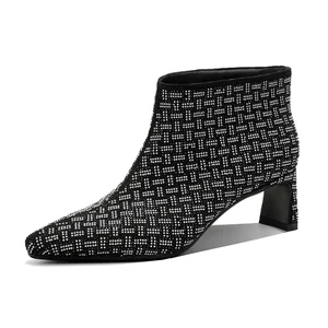 Women's Summer Fashion Stiletto Ankle Boots Crystal Studded Embellished Pointed Toe Booties Height Increasing for Parties