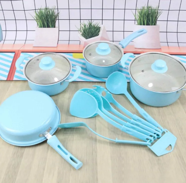 Hot Selling Colorful 13-Piece Non-Stick Multi-Functional Soup Milk Pot Sets Frying Pan Gift Purple Red Blue Cooking Kitchenware