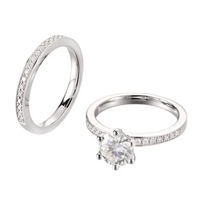 Classic 4-Prong Solitaire Wedding Ring Set in 925 Sterling Silver Round Cut Center Stone with Full Eternity Band Sparkling