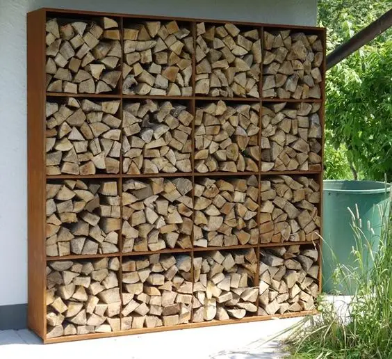 Outdoor round corten steel firewood storage for patio