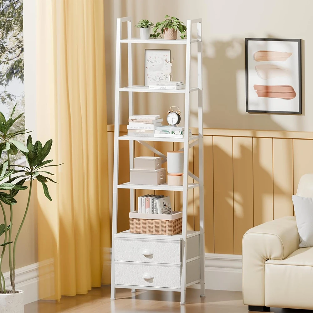 product 5 tier ladder shelf 2 drawers modern narrow bookshelf storage shelves freestanding rack units for bedroom living room home-1