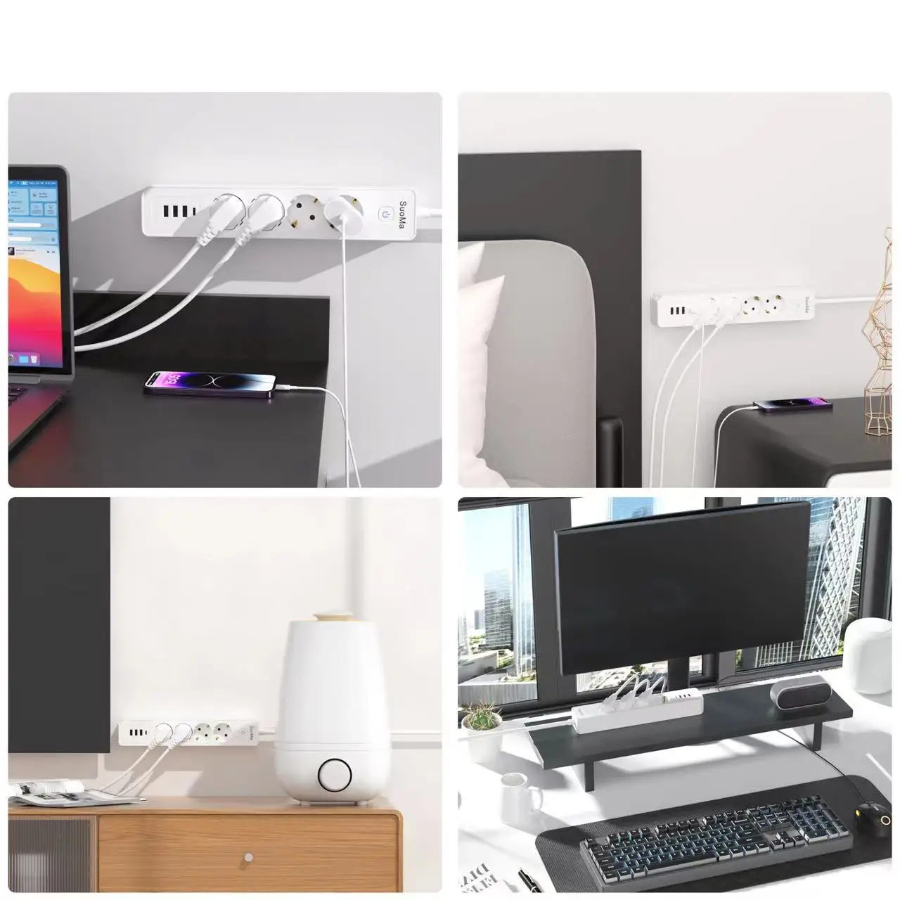 Multiprise 16 A avec prises européennes, rallonge pour usage domestique, 3 ports USB-A et 1 port USB-C pour la charge._voghion.com