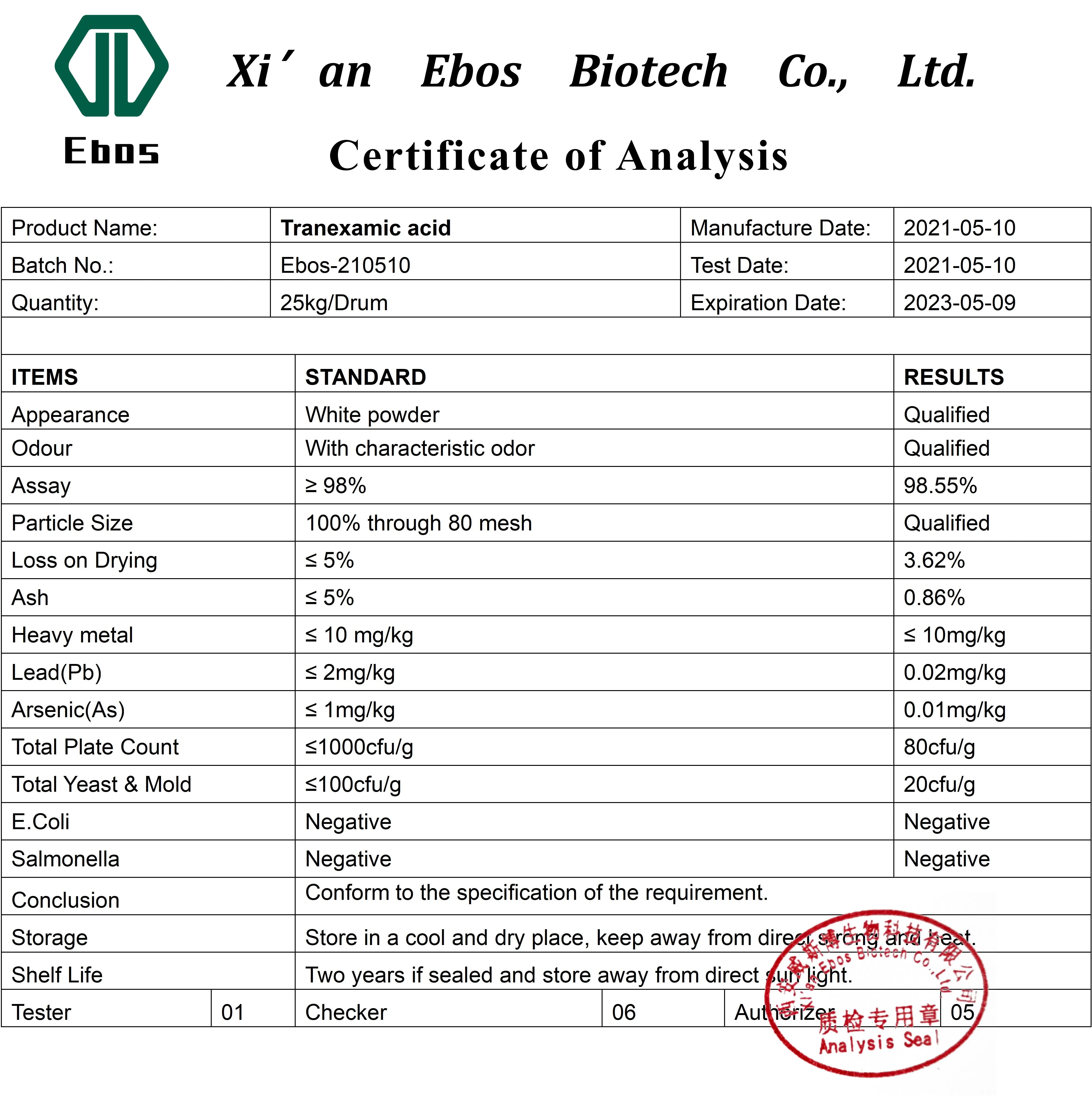 Factory Supply Cosmetic Raw Material Transamin 100% Pure Tranexamic Acid Powder