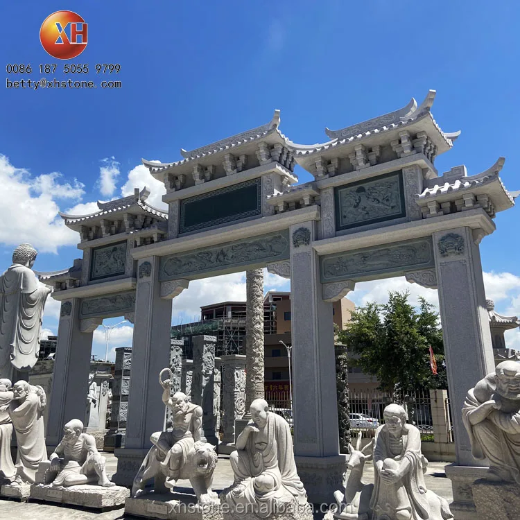 Temple Gate Tower Stone Carved Archway Chinese Tradition Landscape Garden Stone Arch With Dragon Relief Statue