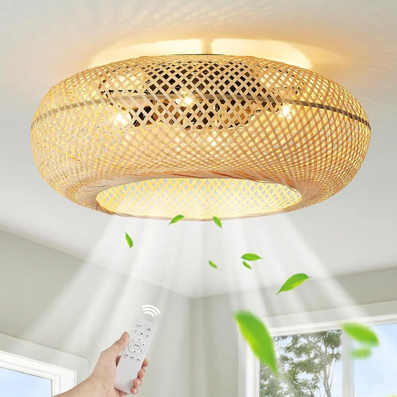 22 Inch Caged Ceiling Fan with Light Flush Mount Rattan Weaving Decorative Home Ceiling Fans With Lights and Remote Control