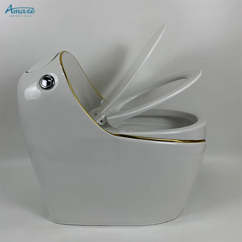 Good quality luxury design floor mounted wc white gold line egg shape water closet bathroom ceramic one piece toilet bowl details