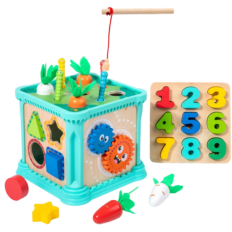 تصميم جديد 6 في 1 صندوق مكعب نشاط معرفي خشبي متعدد الوظائف للأطفال ألعاب تعليم مونتيسوري للتعليم المبكر