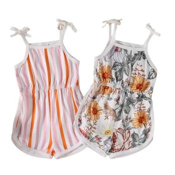 Hot Selling Kids Clothing Summer Floral Print Suspenders Sleeveless Baby Romper Elastic Waist Toddler Girl One Piece Jumpsuit