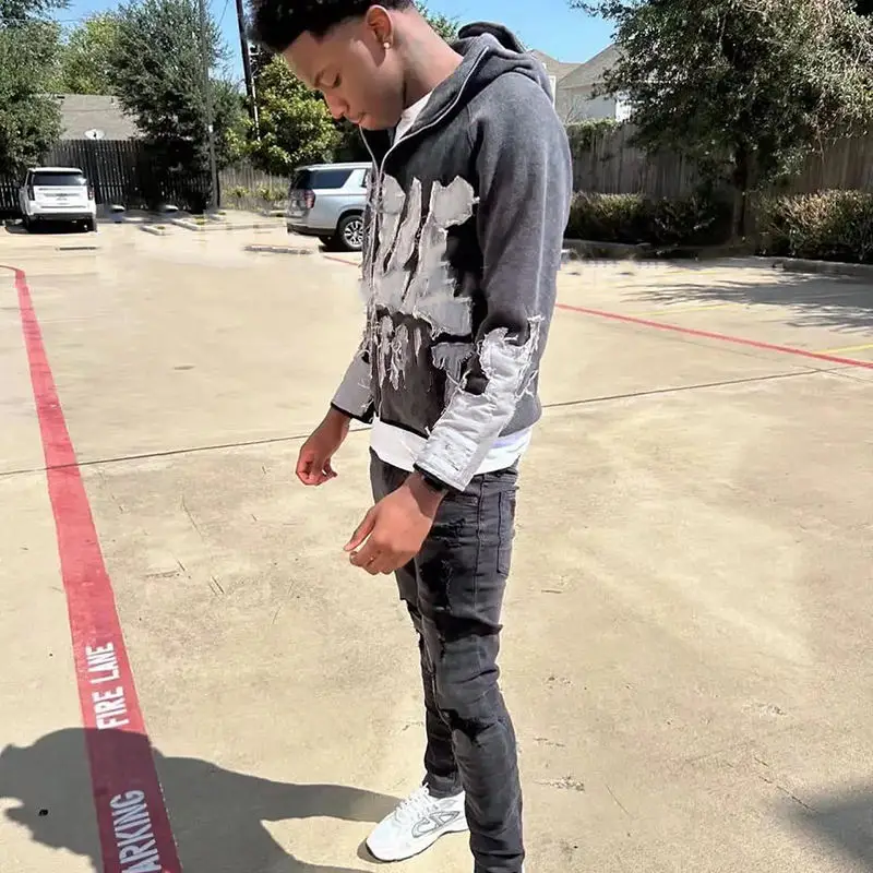 Custom Manufacturer Custom Heavyweight Streetwear Vintage Distressed Embroidery Patch Cropped Acid Washed Zip up Hoodie for Men gallery 2
