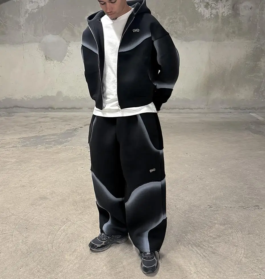 Custom Men's High Quality Heavyweight Fleece Streetwear Cropped Flare Screen Printing Embroidery Solid Sweatpants Hoodie Sets gallery 2