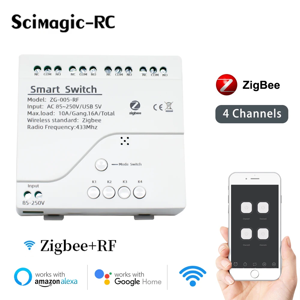 Zigbee Tuya Smart 4CH Relay Module 12V 24V 110V 220V RF Remote Control Light Switch Work With Alexa Google Home Tuya Gateway Hub