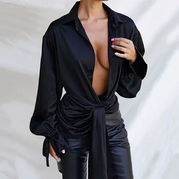 2021 Autumn Winter V-neck Women Shirts Sexy Long-sleeved Wide Loose Solid Color Designer Tie Up Shirt Blouses For Womens Ladies