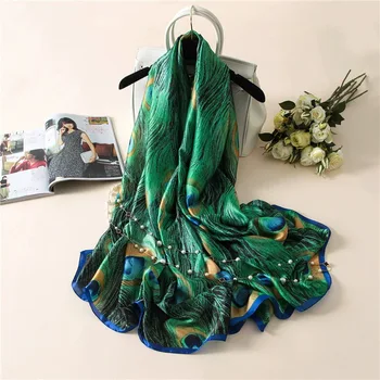 Fashionable Retro Green Peacock Printing Beach Shawls High-Grade Polyester Satin Scarf Scarves for Women Luxury 180