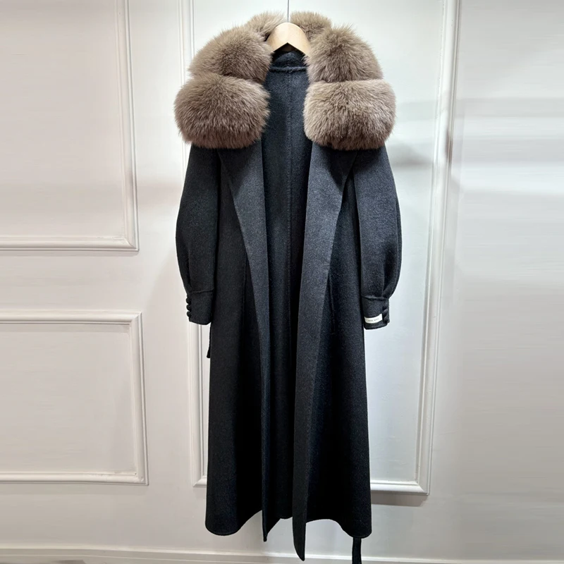JANVENY Winter Super Large Fox Fur Collar Double Sided Cashmere