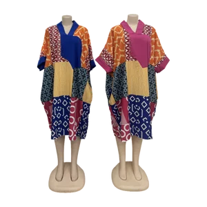 Summer Women's Middle East Ethnic Elegant African Loose Stitching New Fashion Printed V-Neck Dress