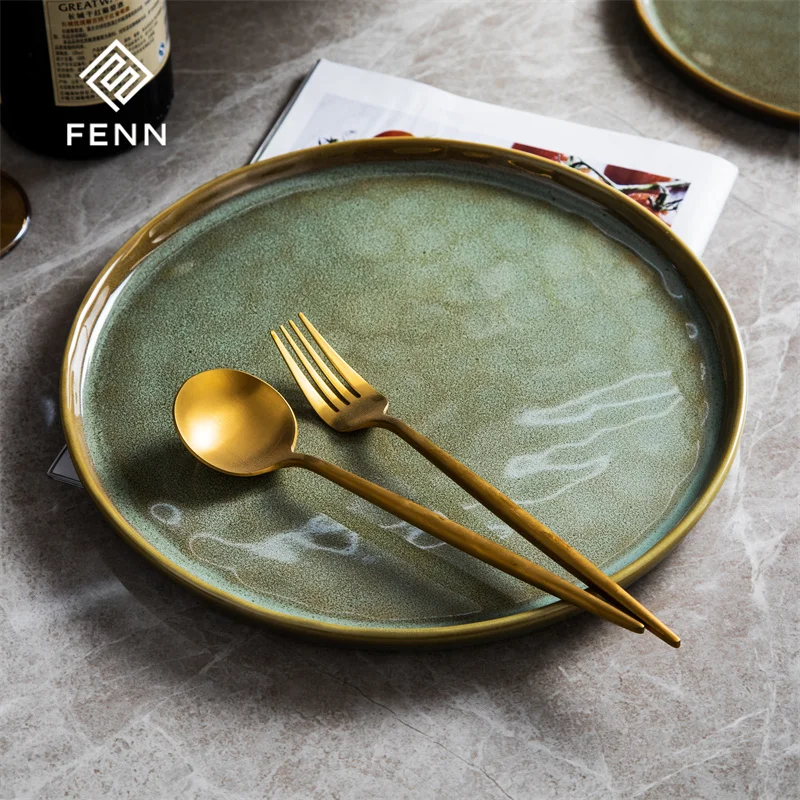 FENN European modern style hotel round dish pasta salad plate hotel reactive glazed ceramic plates custom tableware for home