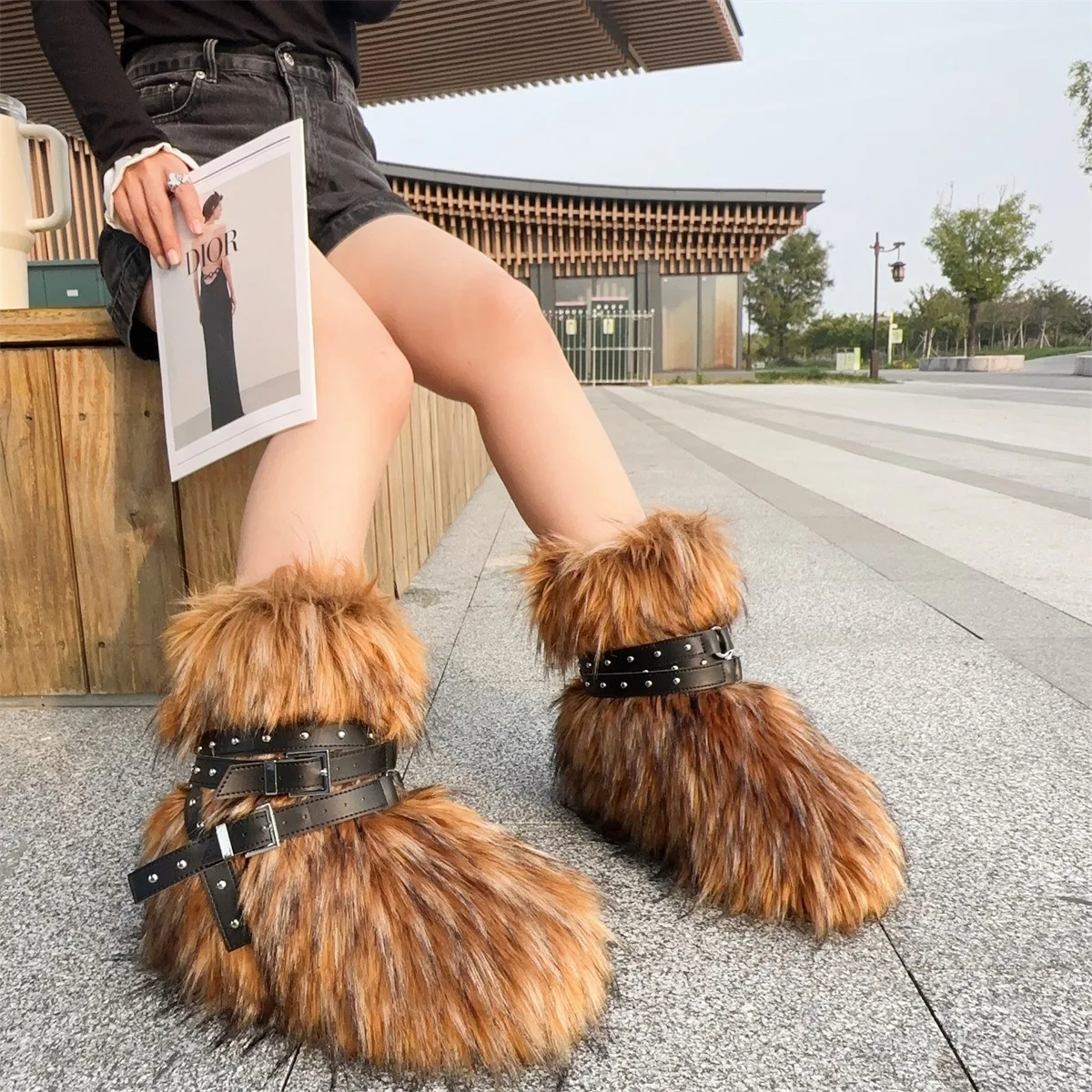 Y2K Punk Ankle Boots with Imitation Rivet Fur & Flat Heel