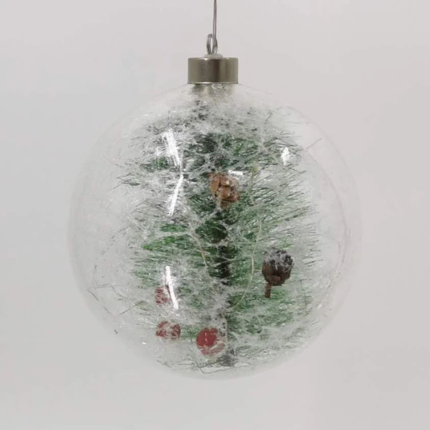 Wholesale glass hanging LED ball with plant adornment artificial fake snow manufacture