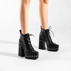 Moncheer Women's Studded Platform Lace-Up Chunky Heel Ankle Boots Gothic Punk High Block Heel Fashion Booties
