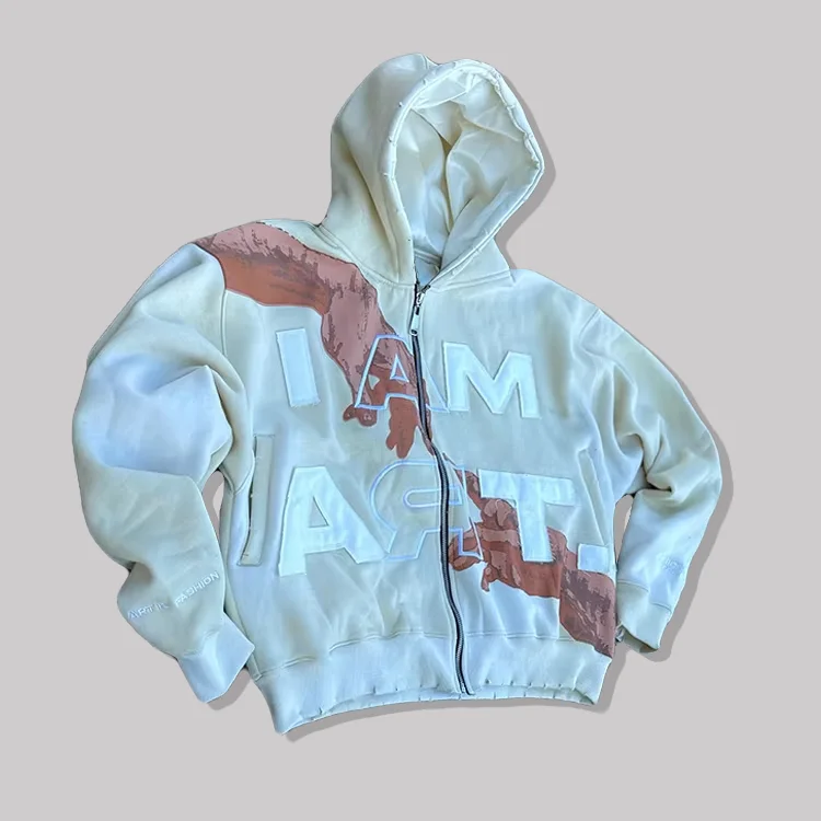Custom Embroidered Printed Boxy Heavyweight Cropped Jogging Hoodie Distressed Acid Wash Zip up Satin Lined Hoodie for Men