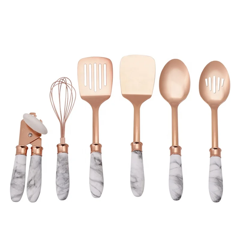 Лидер продаж на Amazon, кухонные принадлежности, кухонные аксессуары из нержавеющей стали цвета розового золота с ручкой из мрамора