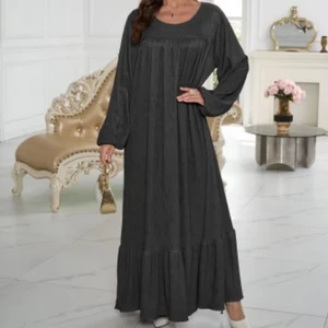 Wholesale Muslim Women Robe New Fashion Long Sleeve Vintage Solid Color Ruffle Hem Dress