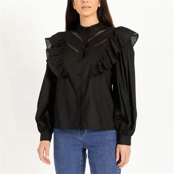 Custom Oem Laest Design Womens Tops Shirt Round Neck Blouses Modern Silk Blouse Office Black Office Blouse