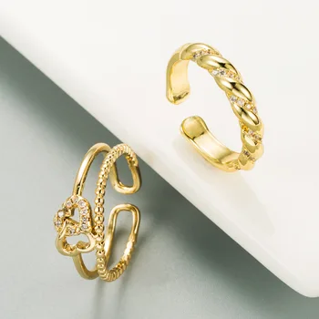 Stylish Gold Plating Double Layers Open Rings Sparkling Zirconia Double Heart Rings