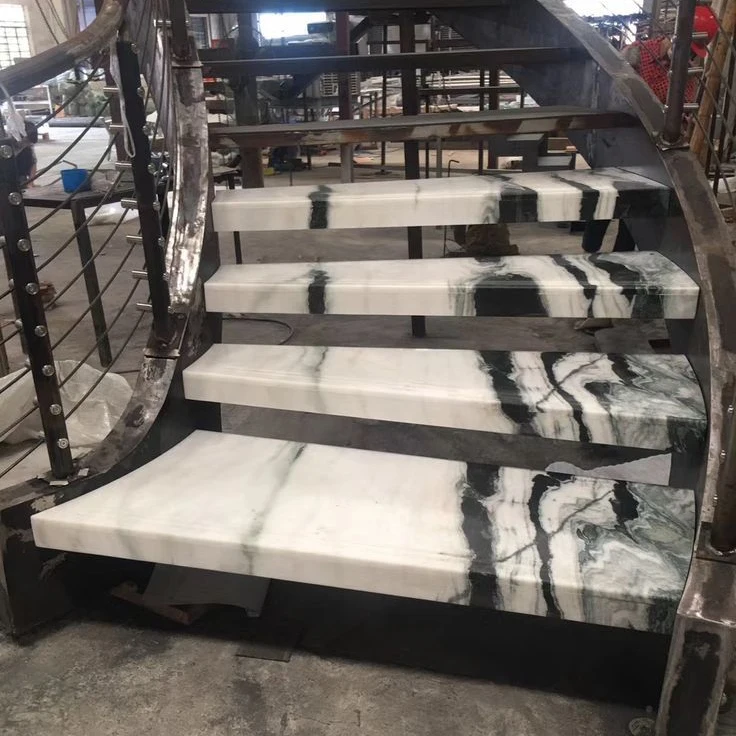 Natural Stone Curved Stairs Design  Glass Staircase Railing Tiles Tread White Panda Marble Stairs