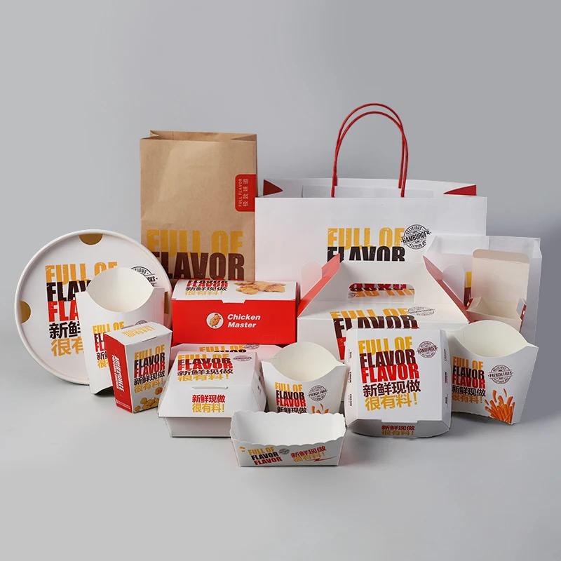 Custom Printed Fast Food Packaging Boxes Set Series Disposable Takeaway French Fries Fried Chicken Burger Box