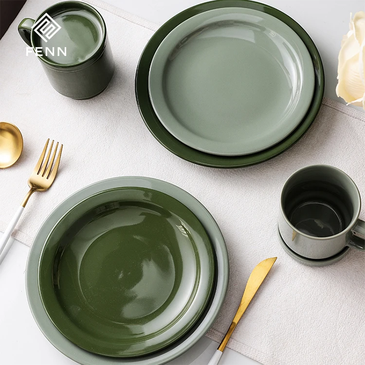 FENN nordic style round shape 7.5/8.5 inch light green and deep green ceramic hot plate porcelain plates for home and restaurant