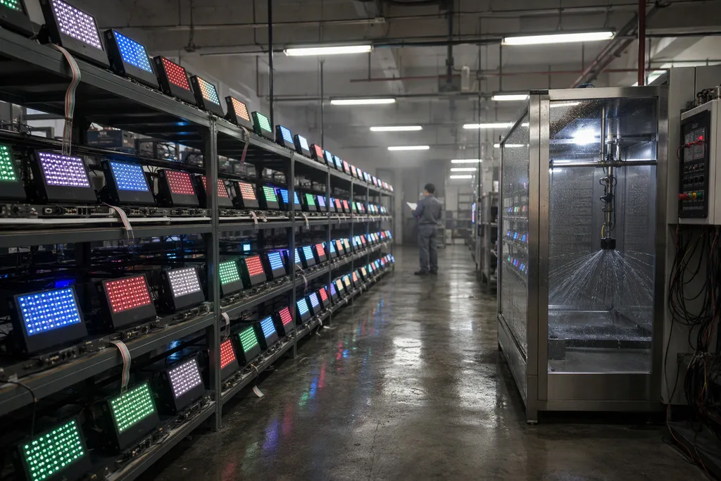 LED dance floor panels undergoing aging and waterproof testing in a quality control room