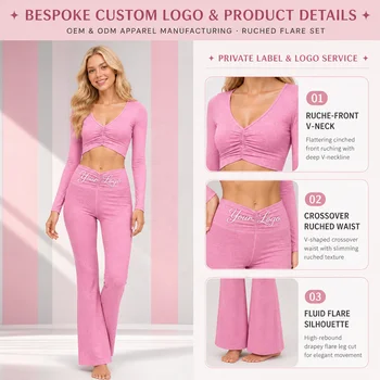Cationic Active Stretch Yoga Set Ruched V Neck Long Sleeve Crossover Waist Flared Leg Pants