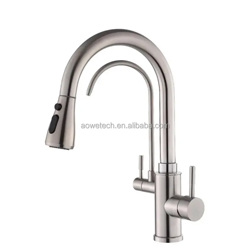 Cross-Border Pull-Out Stainless Steel Brushed Kitchen Faucet Hot/Cold Two-in-One Water Purifier Direct Drinking Ceramic Single