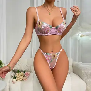 Luxury Pink Lace Lingerie Set with Floral Embroidery Push-Up Bra & Thong