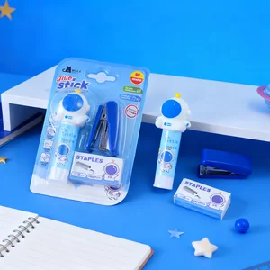 Cute Astronaut Light Blue Solid Glue + Stapler Blister Set - Non-Toxic, Practical for Kids School & DIY, Must-Have