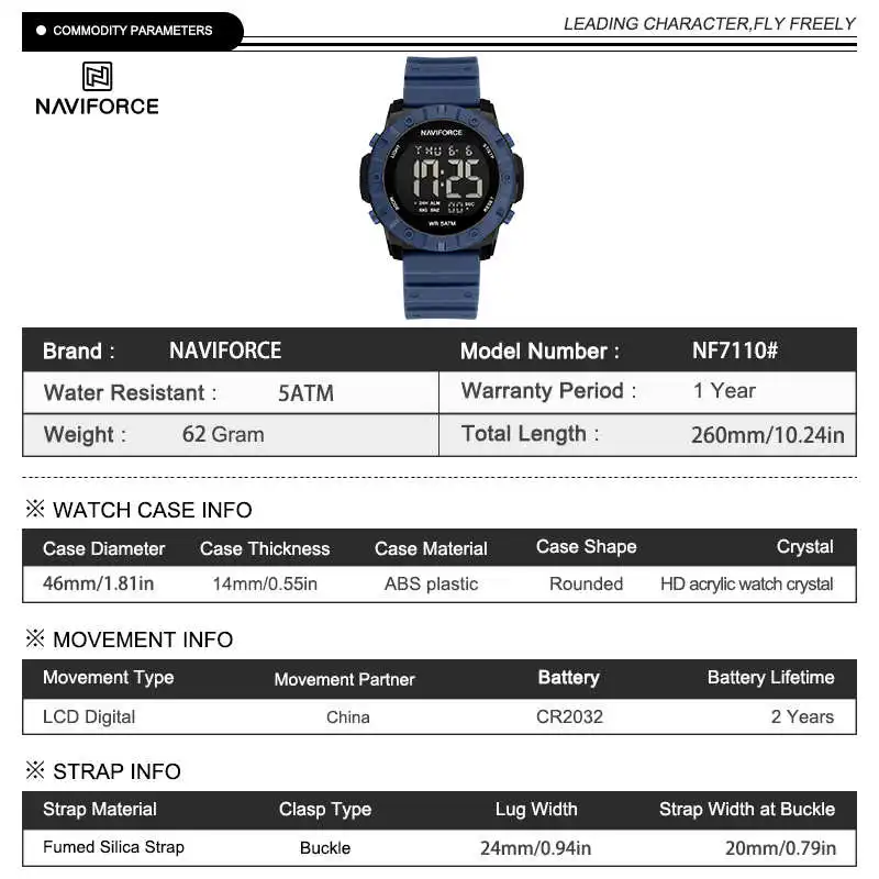 NAVIFORCE 7110 Digital Wristwatch 50M Waterproof Outdoor Sports Running Mens Watch Relogois Masculino