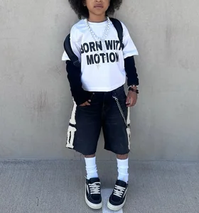 China-wholesale-clothing Letter Printed Short Sleeved Round Neck and Embroidered Patch Shorts Boys Clothing Set Tracksuit