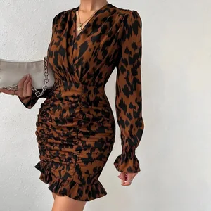 Leopard Print Bodycon Dress Shirring Ruffles Tie up Short Skirt V Neck Long Sleeve Mini Dresses Sexy for Women