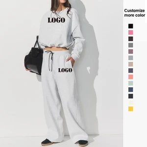 Custom Women's Casual Sexy Short Crop & Pants Blank Cotton Sportswear Set Heavyweight Sweatshirt With Sweatpants Suit
