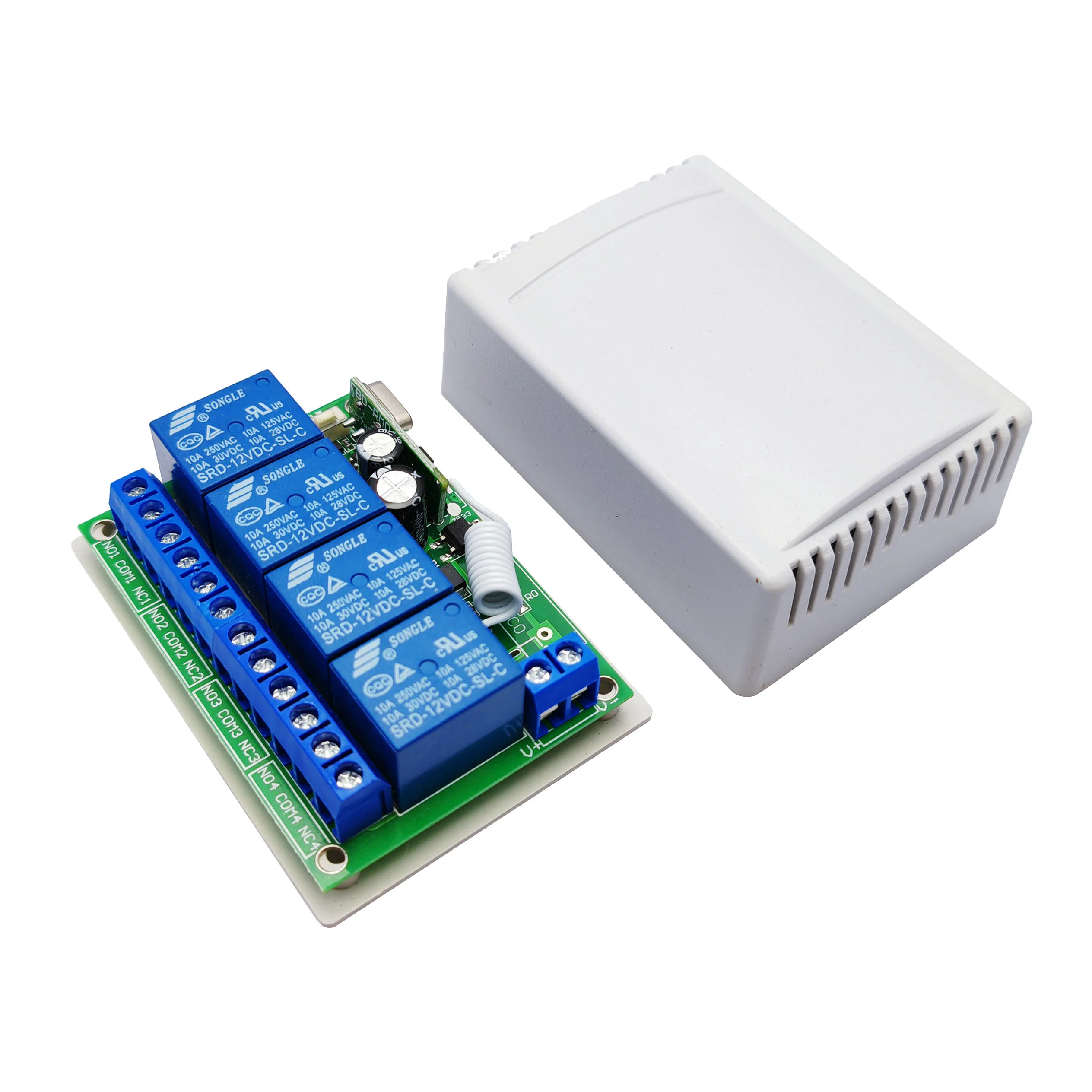 Wireless Remote Control Switch – 433MHz DC 12V 4-Channel Relay Receiver With 4 Transmitters, Jumper-Selectable Jog/Self-Lock/Interlock Mode, 100m Range