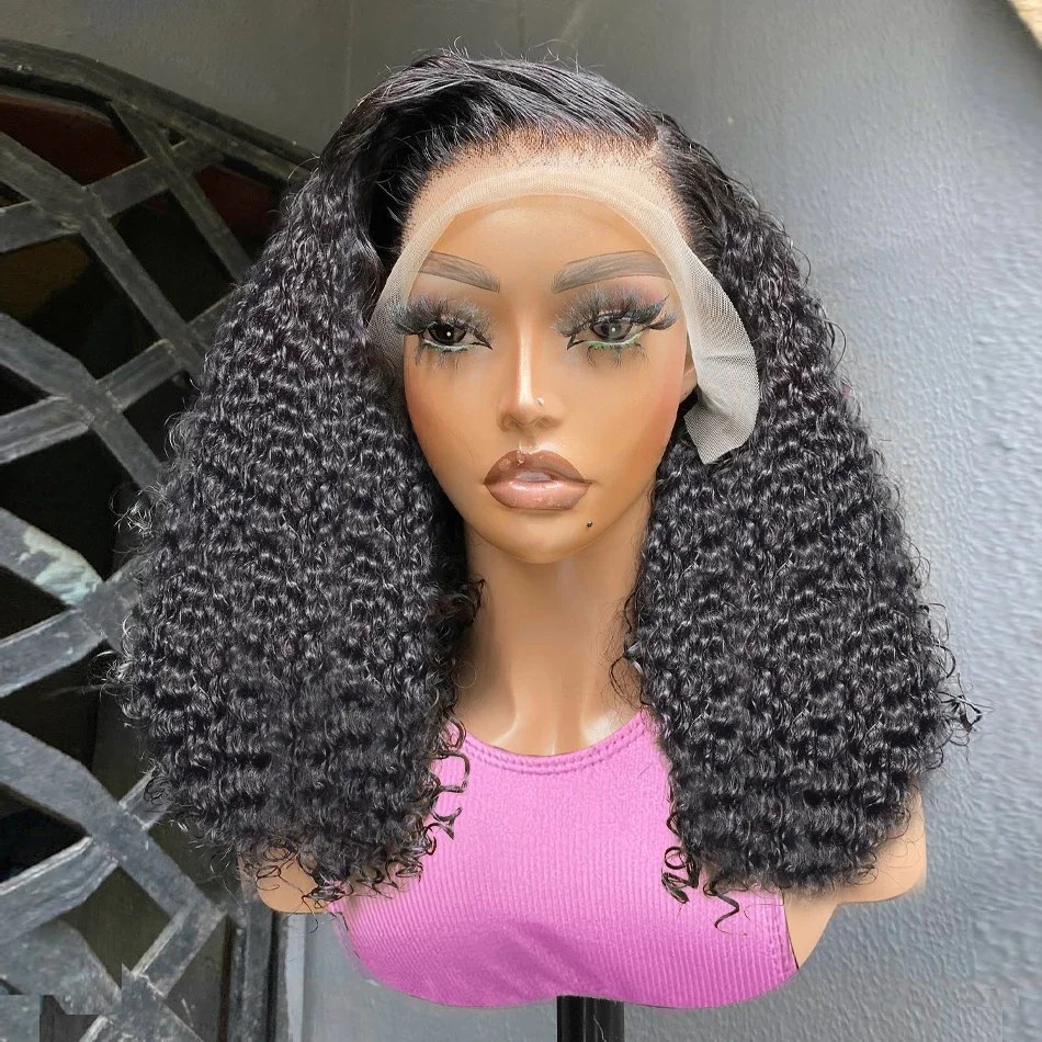 Peruca curta de cabelo humano com renda frontal, cacheada, solta, profunda, pré-arrancada, transparente, hd, onda d'água, frontal, para mulheres_voghion.com