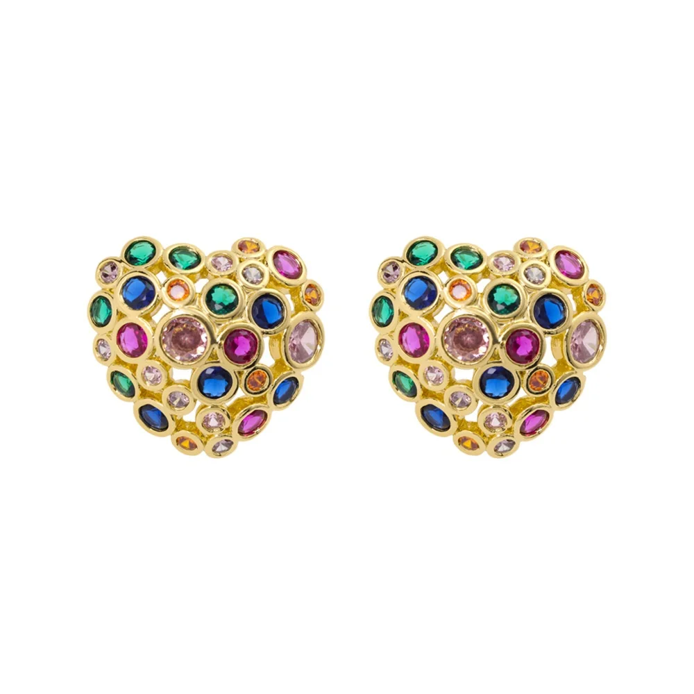 Women's Retro Luxury High-End Stud Earrings New Colorful Zircon Diamond Love Jewelry Gold Plating Trendy Korean Brass Heart