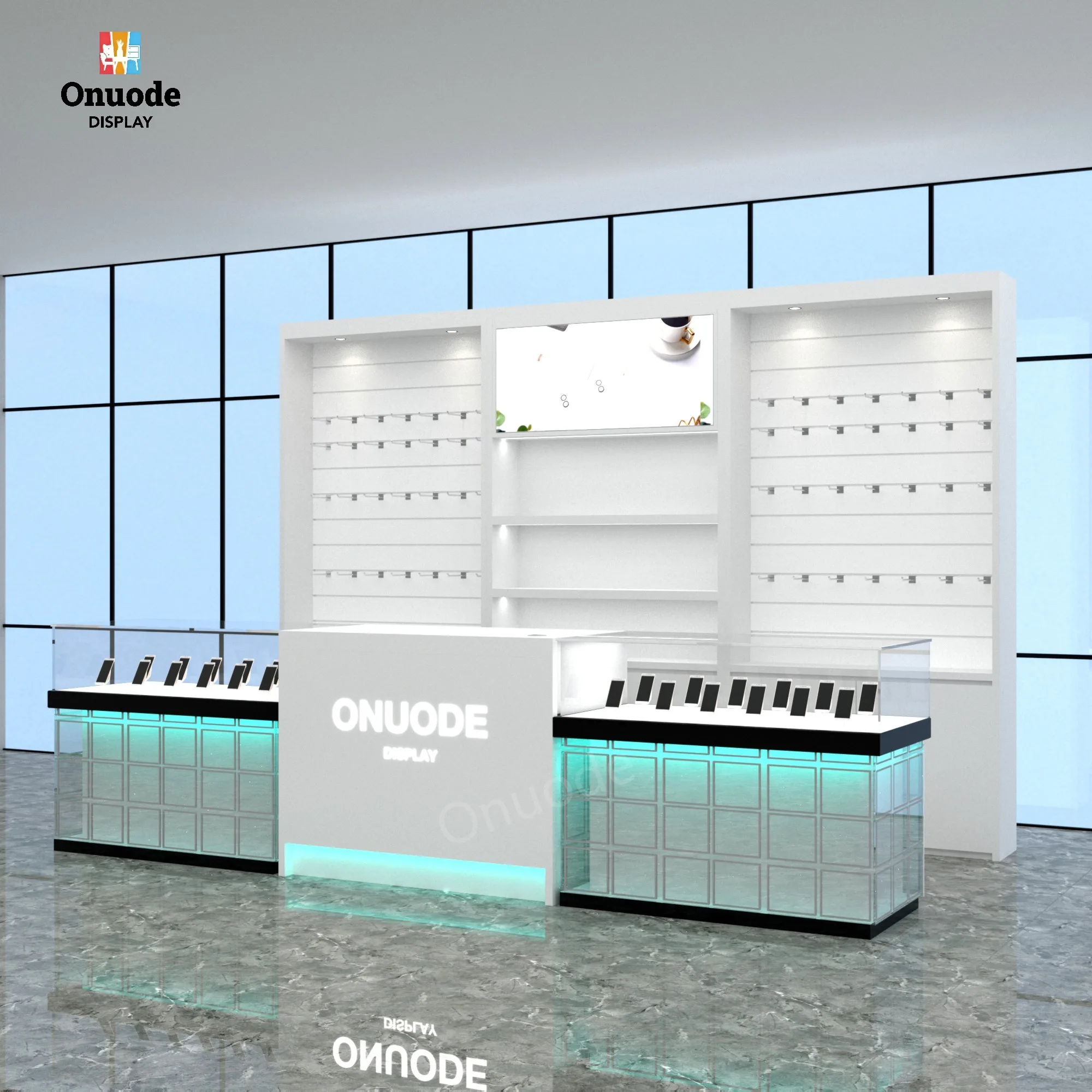 Store Front Counter Kiosk with LED Light Front Shelf Design for Cell Phone Display Showcase