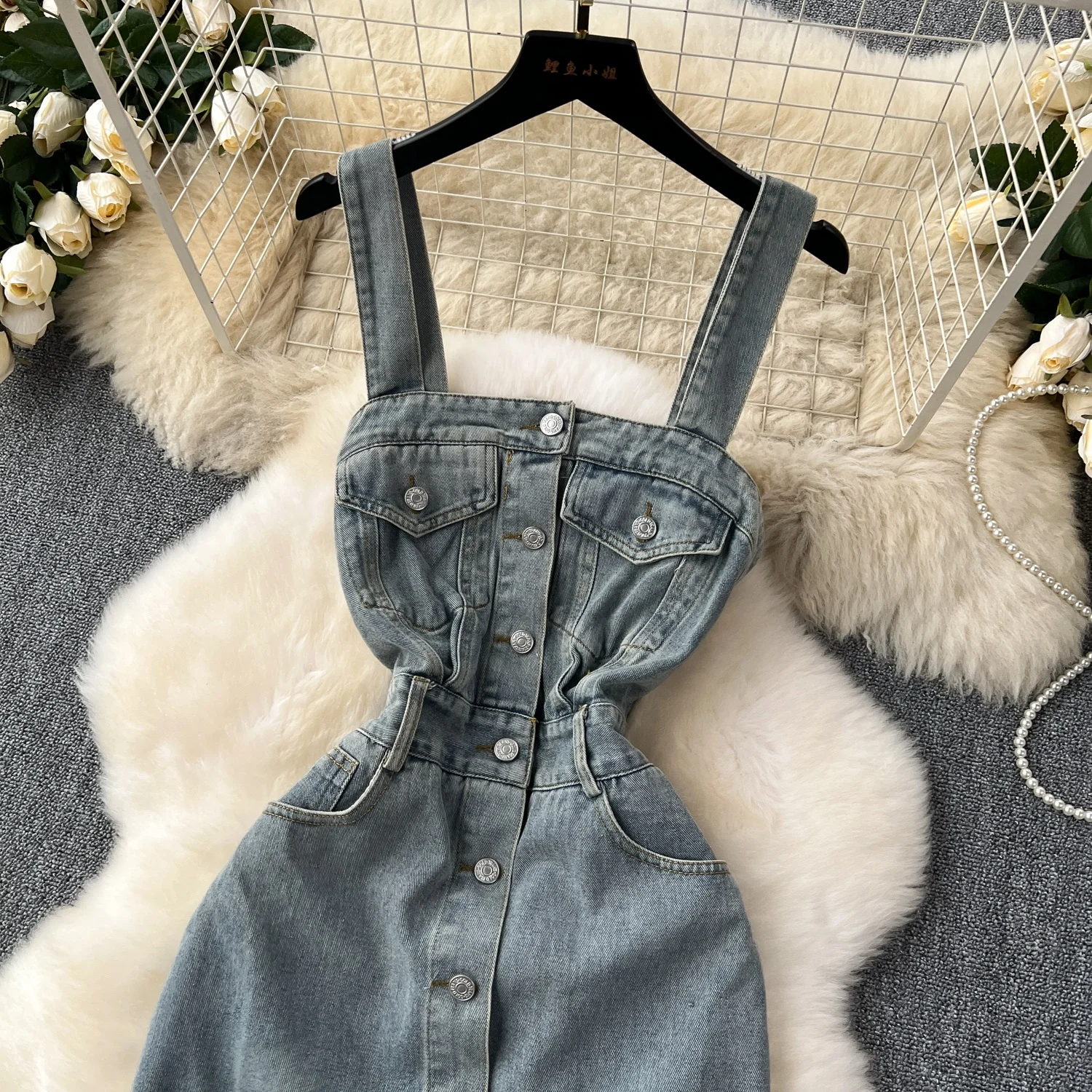 Summer New Design Sense Niche Single-breasted Strap Straight Korean Denim  Dress