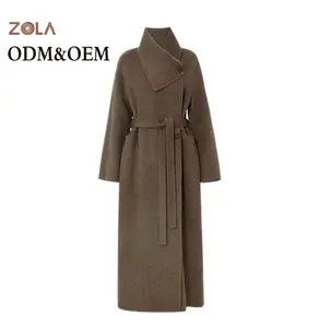 Fashion Style Eco-friendly Women's Long Woolen Coat in Camel Down for Winter with Belt