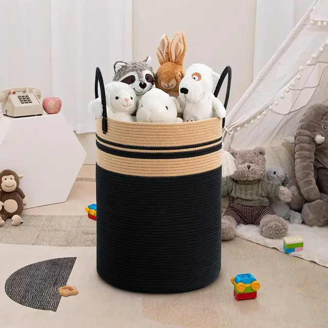 Multifunctional 58L Living Room Bedroom Laundry Basket Foldable Cotton Rope Woven Storage Basket with Handle