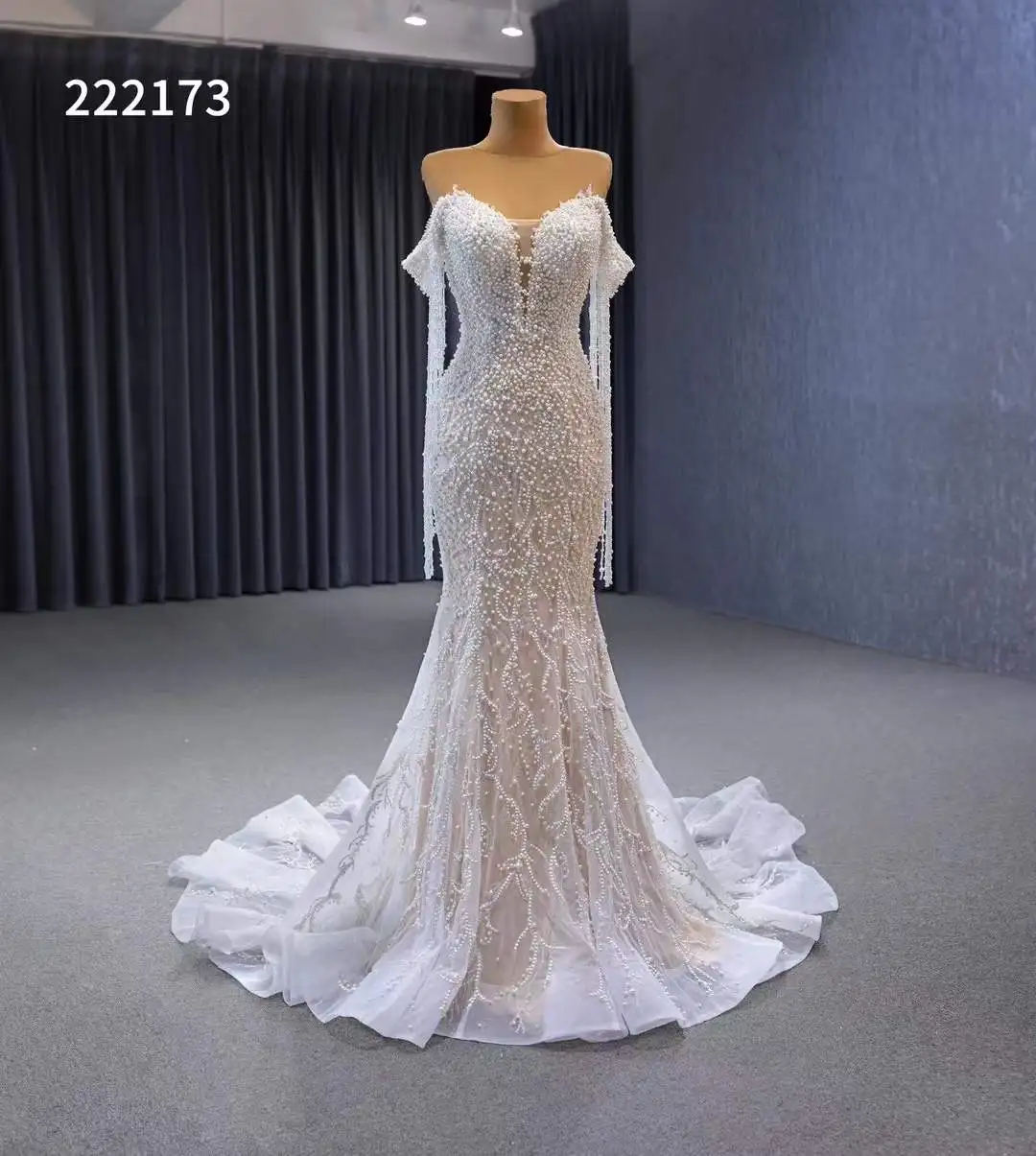QUEENSGOWN Luxury Pearl Mermaid Bridal Dress Ivory Deep V-neck Off-shoulder  Elegant Mermaid Wedding Dress for Bride